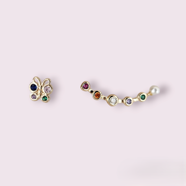 BRINCO BORBOLETA E EAR CUFF PEDRAS COLORIDAS